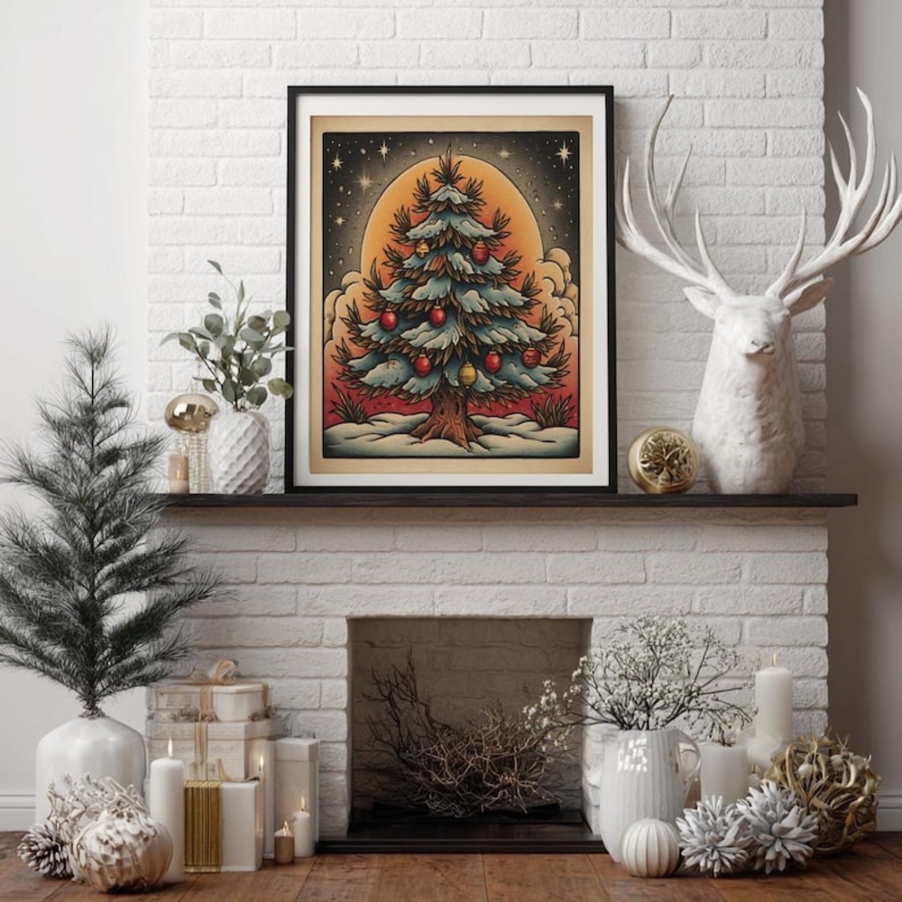 Vintage Christmas Tree Art Print - Retro Holiday Wall Decor